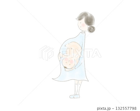 青いワンピース妊婦さんと赤ちゃんの人物イラスト 132557798