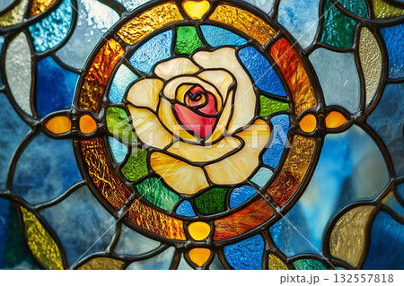 白い薔薇と光が美しいステンドグラス AI画像 白い薔薇と光が美しいステンドグラス AI画像 132557818