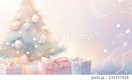 水彩で描いたクリスマスツリーのイラスト横長7 水彩で描いたクリスマスツリーのイラスト横長7 132557828