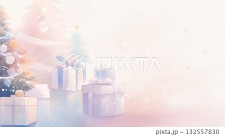 水彩で描いたクリスマスツリーのイラスト横長5 132557830