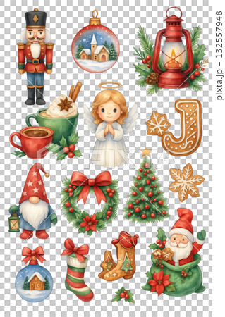 collection of festive Christmas themed illustrations featuring nutcracker, ornaments, angel, lantern, hot chocolate, gnomes, wreath, Christmas tree, cookies, and Santa Claus, evoking joyful 132557948