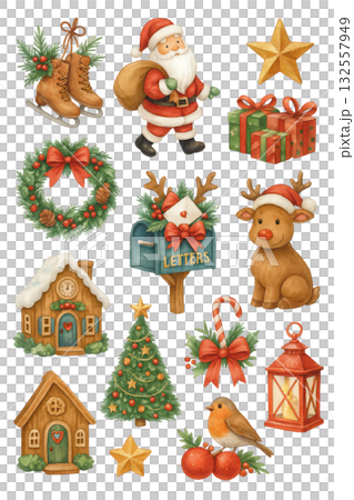 Festive Christmas themed illustration featuring Santa, reindeer, gifts, and decorations 132557949