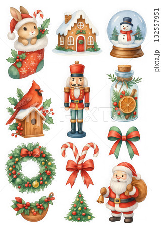 Festive Christmas illustrations featuring Santa, nutcracker, snowman, and holiday decorations 132557951