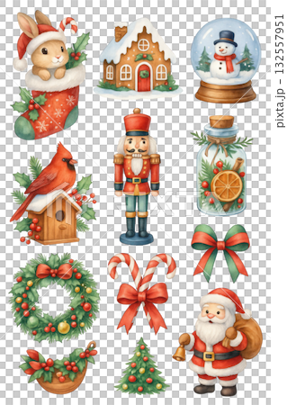 Festive Christmas illustrations featuring Santa, nutcracker, snowman, and holiday decorations 132557951