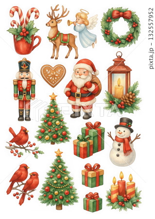 This festive illustration features variety of Christmas themed elements, including Santa Claus, snowman, Christmas trees, and gifts, all adorned with vibrant colors and holiday cheer 132557952