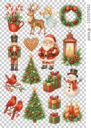 This festive illustration features variety of Christmas themed elements, including Santa Claus, snowman, Christmas trees, and gifts, all adorned with vibrant colors and holiday cheer This festive illustration features variety of Christmas themed elements, including Santa Claus, snowman, Christmas trees, and gifts, all adorned with vibrant colors and holiday cheer 132557952