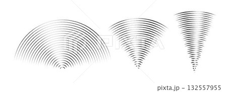 Dotted sound wave signal set. Radial radio and music audio icon collection. Rippled radar vibration element sign bundle. Black curved impulse pack. Echo soundwave symbols. Vector 132557955