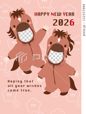 写真の顔をはめ込むことができる2人用の馬の着ぐるみの年賀状用ベクターイラスト 132557994