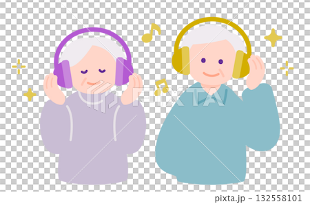 ヘッドフォンで音楽を楽しむシニア夫婦 聴覚に配慮したおうち時間 ヘッドフォンで音楽を楽しむシニア夫婦 聴覚に配慮したおうち時間 132558101