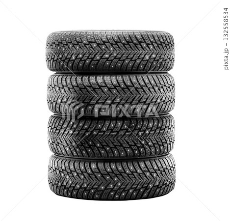 Four winter tires are neatly stacked on a white background, showcasing a durable tread design ideal for car repair, replacement, or retail. A clean and simple display for potential buyers. Four winter tires are neatly stacked on a white background, showcasing a durable tread design ideal for car repair, replacement, or retail. A clean and simple display for potential buyers. 132558534