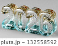 The transparent glass numbers 2026 shine with bubbles, symbolizing the excitement of New Year’s Eve and Christmas celebrations approaching in a cheerful setting. 132558592