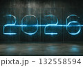 Shining blue neon numbers representing 2026 stand against a dark background, celebrating the upcoming Christmas and New Year’s Eve. A modern design captures festivity. 132558594