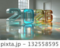 Shiny and transparent numbers form the year 2026, set in a bright indoor space. The colorful digits reflect light, creating a festive atmosphere for Christmas and New Year's Eve. 132558595