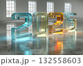 The transparent numbers 2026 glow in various shades, reflecting light in a spacious room. This artwork captures the anticipation of Christmas and New Year's Eve celebrations. 132558603