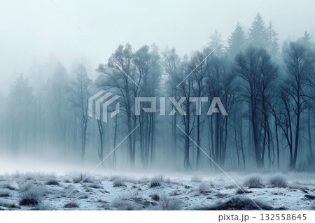 霧に包まれた静寂な冬の森 — 神秘的で幻想的な自然風景写真 霧に包まれた静寂な冬の森 — 神秘的で幻想的な自然風景写真 132558645