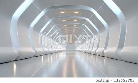 A long futuristic white tunnel with glowing elements and a reflective floor creating a sense of depth and modern design A long futuristic white tunnel with glowing elements and a reflective floor creating a sense of depth and modern design 132558703