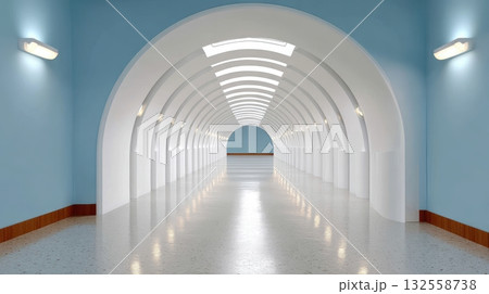 Modern futuristic corridor with white arches and blue walls 132558738