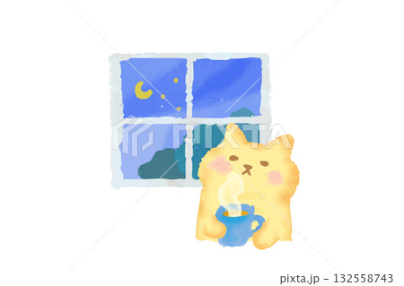 窓辺で温かい飲み物を飲むかわいい猫の水彩イラスト素材 窓辺で温かい飲み物を飲むかわいい猫の水彩イラスト素材 132558743