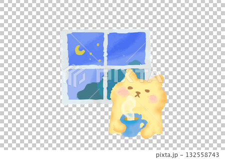 窓辺で温かい飲み物を飲むかわいい猫の水彩イラスト素材 窓辺で温かい飲み物を飲むかわいい猫の水彩イラスト素材 132558743