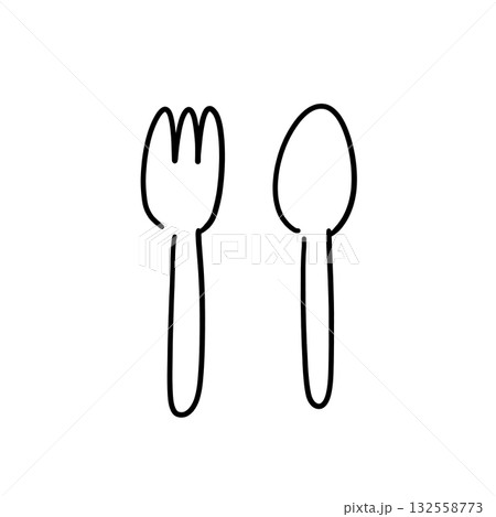 シンプルなフォークとスプーンの線画イラスト 132558773