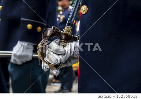 Soldier holding command saber, Military with sword in ceremony, Armed forces in protocol act 132559018