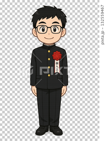A male student with glasses wearing a school uniform smiling at the entrance ceremony 132559467