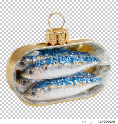 A Christmas bauble designed as an open sardine can with glittery fish 132559926