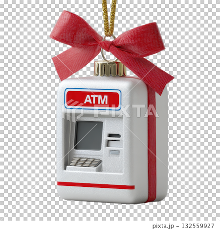 A Christmas ornament designed as a miniature ATM hine with a red bow 132559927