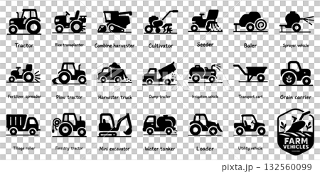 Agricultural vehicles and machinery silhouette set, Farm Vehicles and Machinery Silhouette 132560099