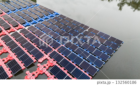 Drone view of Floating Solar Panel. Solar photovoltaic panel PV System in Industry lake water pond 132560186