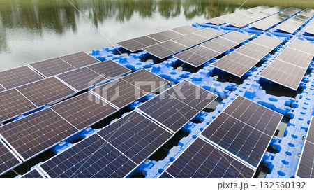 Drone view of Floating Solar Panel. Solar photovoltaic panel PV System in Industry lake water pond 132560192