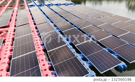 Drone view of Floating Solar Panel. Solar photovoltaic panel PV System in Industry lake water pond 132560196