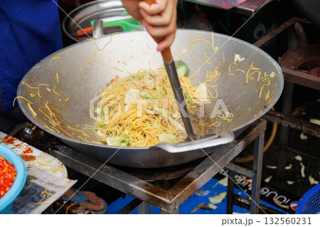 Vegetarian Festival (J Festival) In Thailand at Yaowarat China town, Chao mian cooking, Chinese style noodle vegetarian food shop 132560231