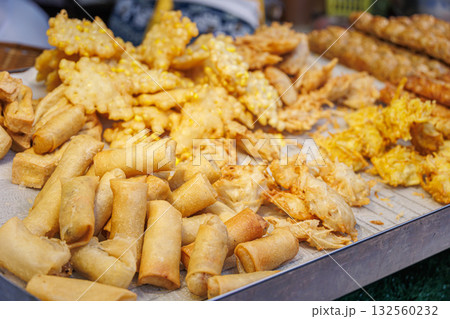 Spring rolls, Vegetarian Festival (J Festival) In Thailand at Yaowarat China town, Street food mix fried foods 132560232