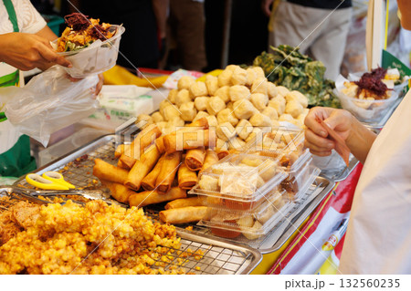 Vegetarian Festival (J Festival) In Thailand at Yaowarat China town, Street food vegetable mushroom mix fried dough set 132560235