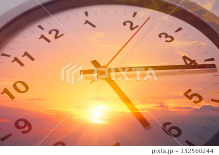 Day Time, Time clock face double exposure with summer morning sun rise beautiful sky background. Day Time, Time clock face double exposure with summer morning sun rise beautiful sky background. 132560244