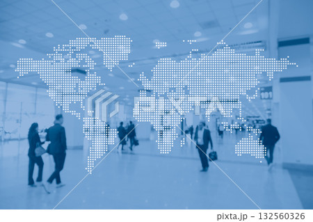 World map with convention center hall corridor background, World conference, International business 132560326