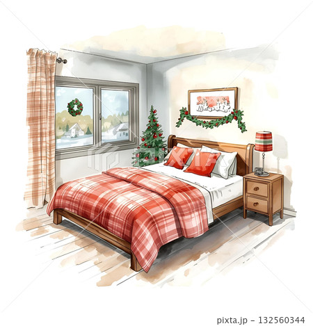 窓から雪景色が見えるクリスマスの飾り付けがされた寝室（水彩風イラスト） 132560344