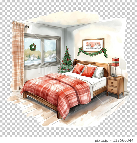 窓から雪景色が見えるクリスマスの飾り付けがされた寝室（水彩風イラスト） 132560344