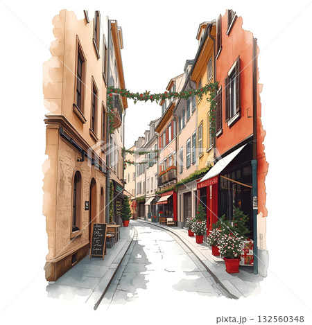 クリスマスガーランドで飾られたヨーロッパの街並み（水彩風イラスト） 132560348