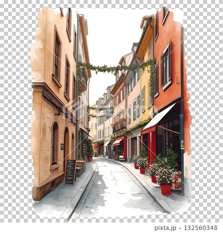 クリスマスガーランドで飾られたヨーロッパの街並み（水彩風イラスト） 132560348