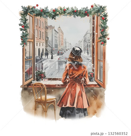 クリスマスガーランドで飾られた窓から雪のヨーロッパの街並みを眺める女性（水彩風） 132560352