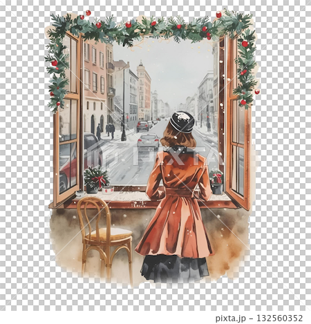 クリスマスガーランドで飾られた窓から雪のヨーロッパの街並みを眺める女性（水彩風） 132560352