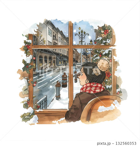 ホーリーの飾りがついた窓から雪の街路を眺める女性(水彩風) ホーリーの飾りがついた窓から雪の街路を眺める女性(水彩風) 132560353