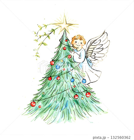 星の飾りがあるクリスマスツリーに寄り添う天使(水彩風イラスト) 星の飾りがあるクリスマスツリーに寄り添う天使(水彩風イラスト) 132560362