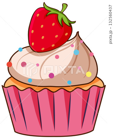 Strawberry Cupcake with Sprinkles Vector Illustration 132560437