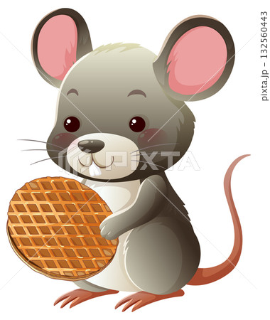 Cute Cartoon Mouse Holding a Waffle Snack 132560443
