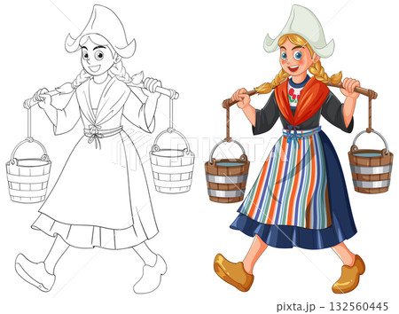 Dutch Girl Carrying Water Buckets in Traditional Costume 132560445