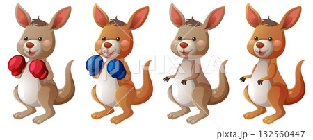 Cartoon Kangaroos with Boxing Gloves in Various Poses 132560447