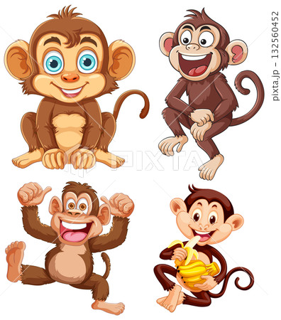 Cartoon Monkeys in Playful and Cheerful Poses Cartoon Monkeys in Playful and Cheerful Poses 132560452